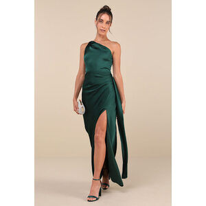 Lulus Signature Elegance Emerald Satin One-shoulder Maxi Dress Green - Size L